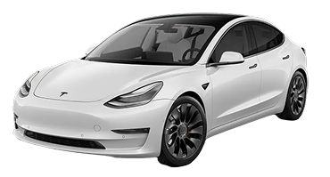 White Tesla Model 3 sedan with tinted windows and black trim, viewed at an angle from the front left.