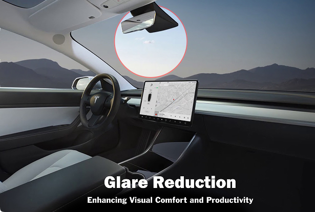 Interior of a Tesla showing a sleek dashboard, large central touchscreen with navigation, and a clear windshield with mountains in the background. A red circle highlights the rearview mirror to emphasize glare reduction, with overlaid text reading “Glare Reduction – Enhancing Visual Comfort and Productivity.”