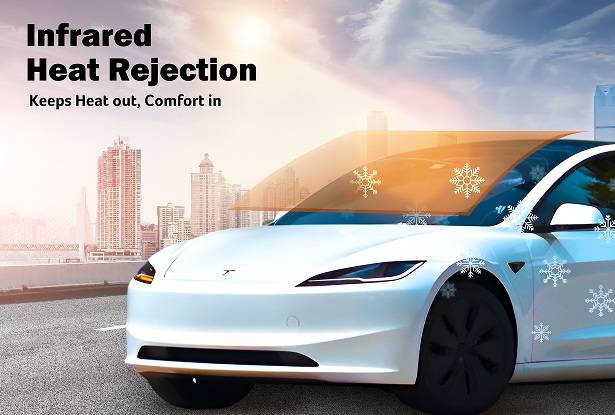 A white Tesla with a visual overlay showing infrared heat being blocked from entering the cabin, accompanied by snowflake icons indicating interior coolness. Text reads "Infrared Heat Rejection – Keeps Heat out, Comfort in."