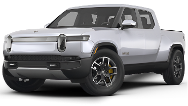 White Rivian R1T electric pickup truck shown from a front-side angle, highlighting its signature round headlights and rugged design.