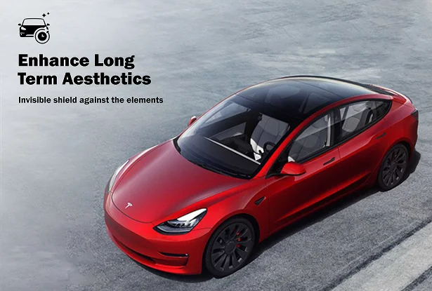 Overhead view of a sleek red Tesla Model 3 parked on pavement, featuring glossy paint and black wheels. Text in the top left corner reads “Enhance Long Term Aesthetics – Invisible shield against the elements,” suggesting paint protection or coating benefits.