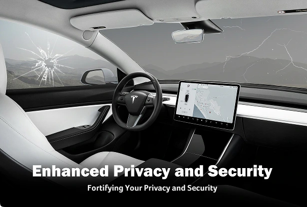 Interior of a Tesla featuring a cracked window with text overlay reading "Enhanced Privacy and Security – Fortifying Your Privacy and Security," highlighting benefits of protective window film.