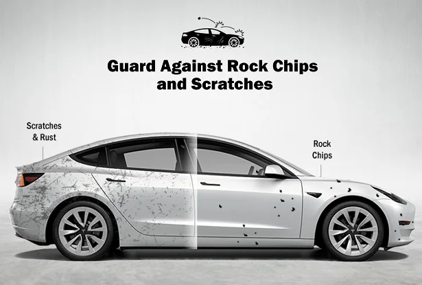 Side view of a white Tesla Model 3 split down the middle to compare surface protection. The left side shows visible scratches and rust, while the right side appears clean with fewer rock chips. Text above reads “Guard Against Rock Chips and Scratches.”