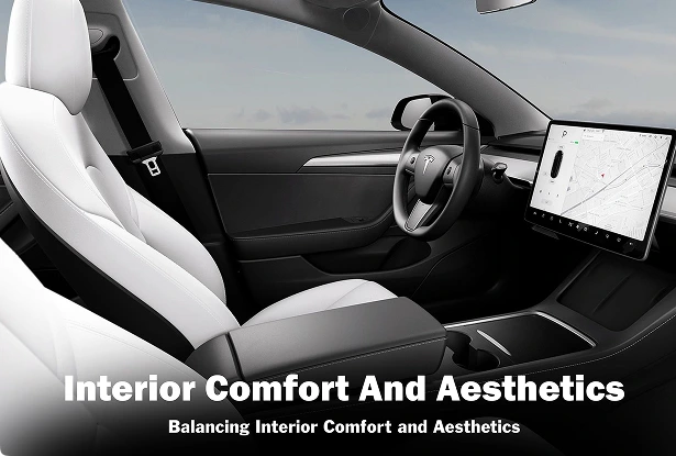Interior of a Tesla with white leather seats, minimalist black trim, and a large touchscreen display, paired with a text overlay that reads “Interior Comfort and Aesthetics – Balancing Interior Comfort and Aesthetics.”