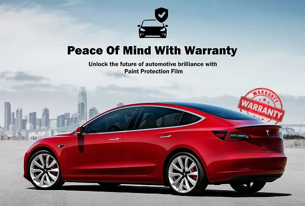 Rear-side view of a red Tesla Model 3 parked with a city skyline in the background. Bold text above reads “Peace Of Mind With Warranty,” followed by “Unlock the future of automotive brilliance with Paint Protection Film,” and a red “Warranty” stamp overlays the image.