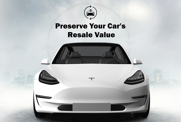 Front view of a white Tesla Model 3 against a foggy city skyline backdrop, with bold text above the car reading “Preserve Your Car's Resale Value” and an icon of a car with dollar sign arrows above it, suggesting long-term value retention.