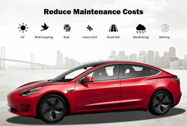 Side view of a red Tesla Model 3 parked against a cityscape backdrop, with black icons and text above indicating threats like UV, bird droppings, rust, insect acid, road salt, weathering, and marring. The main heading reads “Reduce Maintenance Costs.”