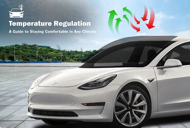 White Tesla with tinted windows parked on a paved surface, with green and red arrows overlaid on the windshield illustrating airflow and heat deflection. Text reads "Temperature Regulation – A Guide to Staying Comfortable in Any Climate."