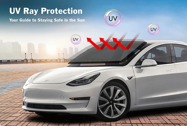 White Tesla parked under a clear sky with red arrows and labeled UV symbols illustrating the blocking of UV rays by the windshield, alongside text reading "UV Ray Protection – Your Guide to Staying Safe in the Sun."