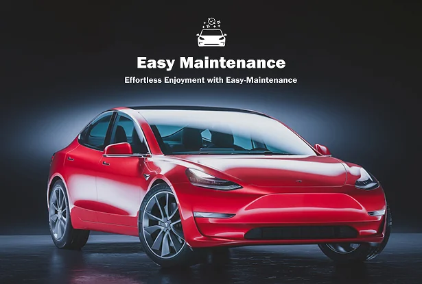 Red Tesla Model 3 under studio lighting, highlighting a sleek, clean surface with a reflective finish. Above the car, the text reads “Easy Maintenance – Effortless Enjoyment with Easy-Maintenance,” suggesting the car's finish is simple to care for.
