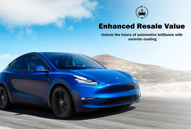 Blue Tesla Model Y driving through a sunlit, desert-like landscape with text reading “Enhanced Resale Value – Unlock the future of automotive brilliance with ceramic coating.” The car's glossy surface highlights the benefits of ceramic protection.