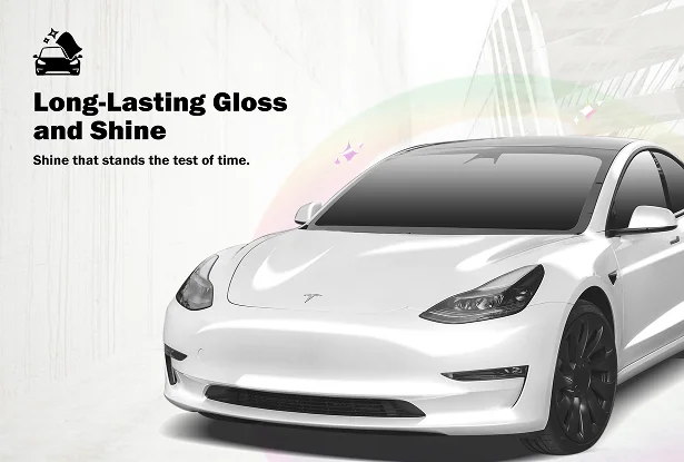 White Tesla Model 3 with a glossy, polished finish, positioned against a clean white background with a soft rainbow gradient arc. Text reads “Long-Lasting Gloss and Shine – Shine that stands the test of time,” emphasizing durable aesthetic appeal.
