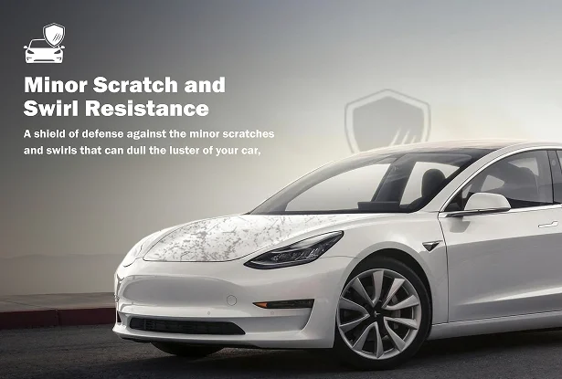 White Tesla Model 3 parked on a road with a glossy finish, reflecting tree branches on the hood. Overlay text reads “Minor Scratch and Swirl Resistance – A shield of defense against the minor scratches and swirls that can dull the luster of your car,” highlighting the protective benefits of surface treatments.
