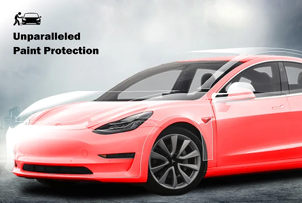 Red Tesla Model 3 with translucent overlay highlighting full-body paint protection film coverage. The image includes the text “Unparalleled Paint Protection” and shows enhanced shielded zones across the vehicle.