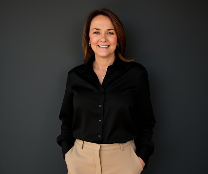 Woman standing against a dark gray background, smiling with hands in her pockets. She is wearing a black button-down blouse and beige pants, appearing confident and relaxed.