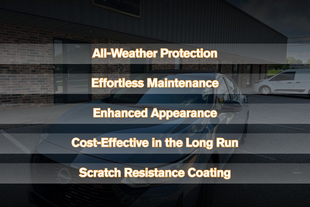 A black Nissan parked in front of Luxe Tint and Graphics, with translucent gray banners overlaying the image that list ceramic coating benefits: All-Weather Protection, Effortless Maintenance, Enhanced Appearance, Cost-Effective in the Long Run, and Scratch Resistance Coating.