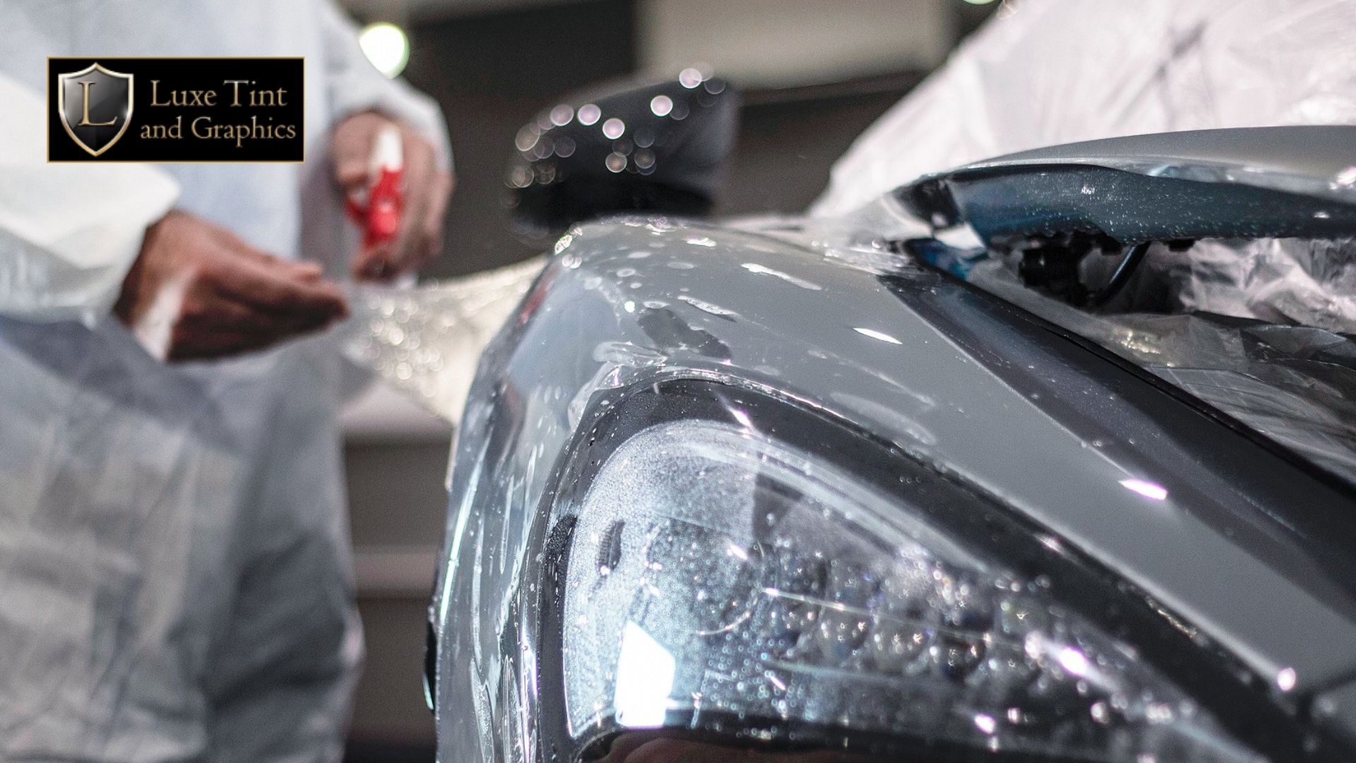 A person in a white protective suit applies paint protection film to a grey car’s headlight. The Luxe Tint and Graphics logo is displayed in the top-left corner.
