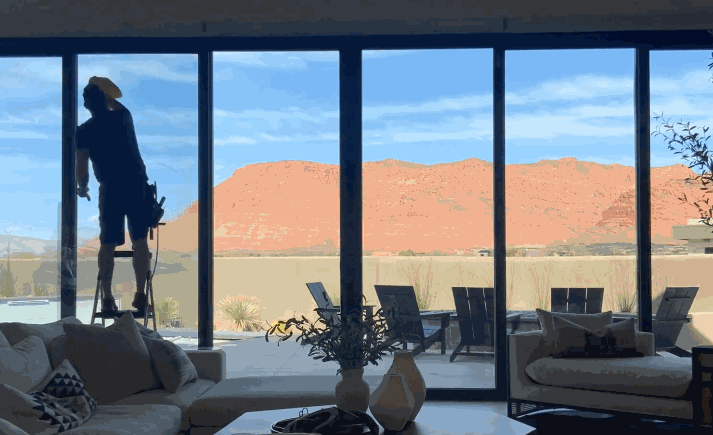 Technician installing residential window tinting on tall sliding glass doors in a living room with scenic views.