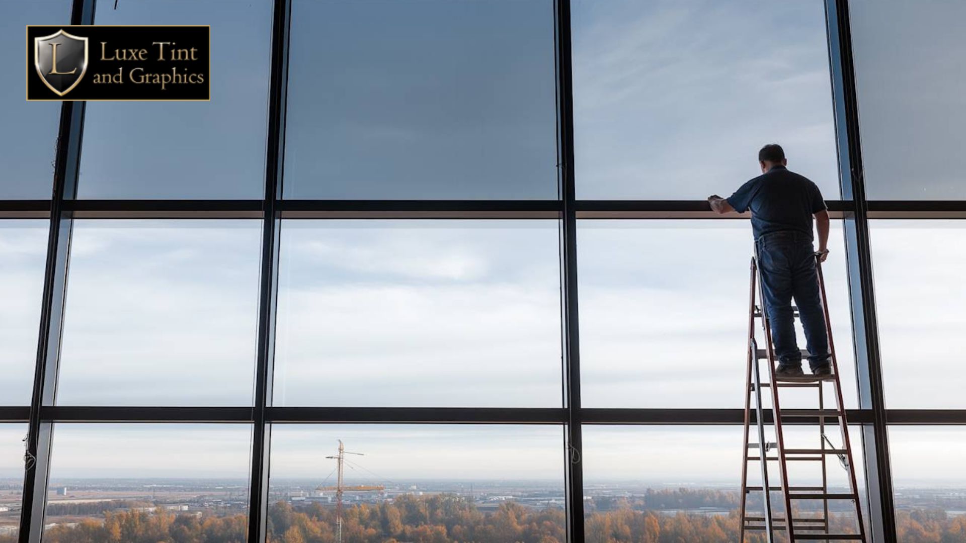 A worker standing on a ladder applies commercial window tinting film to a floor-to-ceiling glass window in a high-rise building, with a wide view of a cityscape in the background. The Luxe Tint and Graphics logo is visible in the corner.