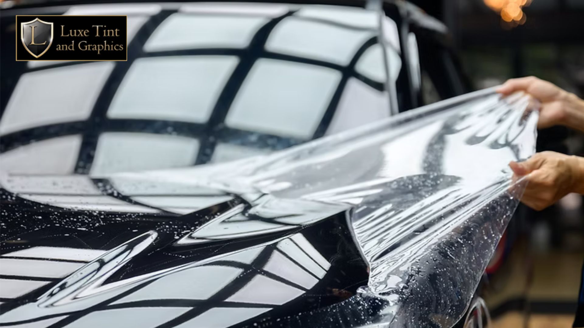 A clear paint protection film is being stretched and applied to the hood of a black car with water droplets, under the Luxe Tint and Graphics branding.