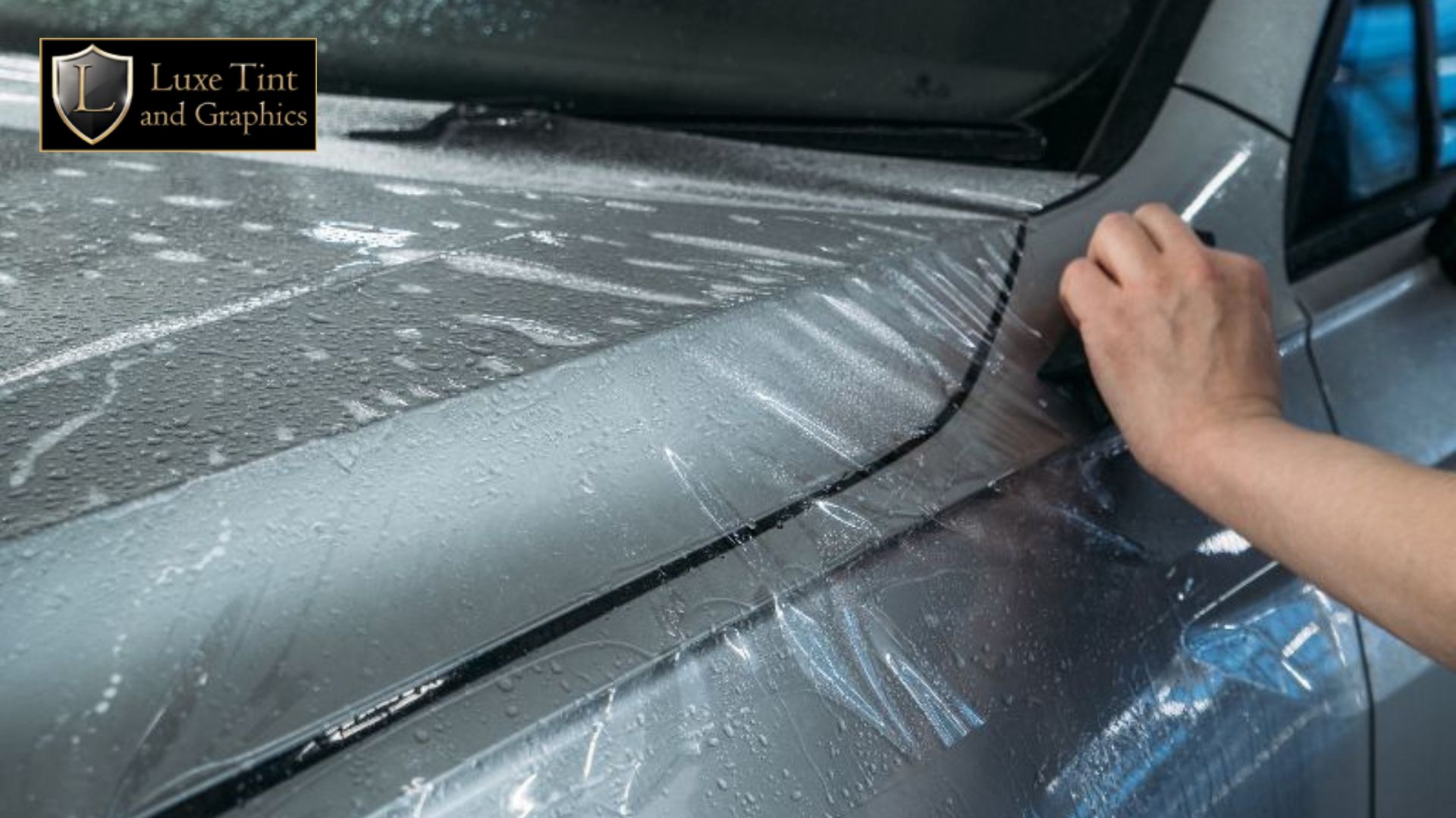 Water beads on the surface of a silver car as a hand smooths over existing paint protection film, emphasizing regular cleaning as part of film maintenance.