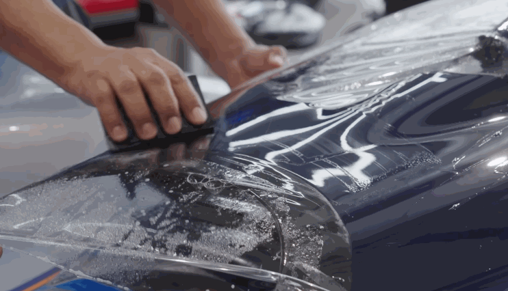 Hands smooth out paint protection film on a glossy blue car using a tool to eliminate air and water.