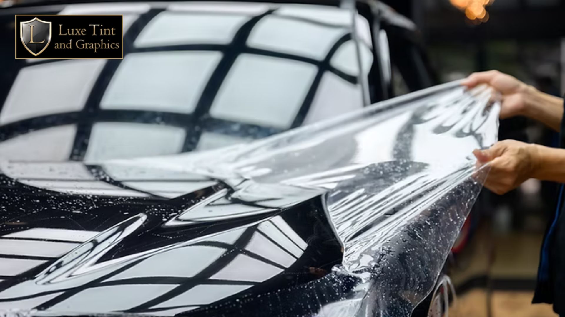 Paint protection film being stretched over the hood of a black car at Luxe Tint and Graphics, with water droplets visible.